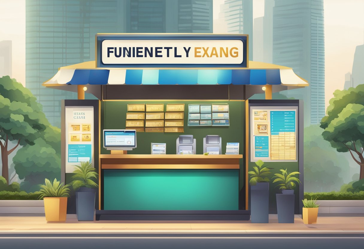 A currency exchange booth with a sign "Frequently Asked Questions đổi tiền singapore sang tiền việt" displayed prominently