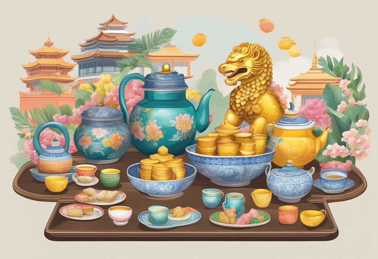 A table adorned with iconic Singapore souvenirs: Merlion figurines, Peranakan-inspired trinkets, and colorful traditional Chinese tea sets