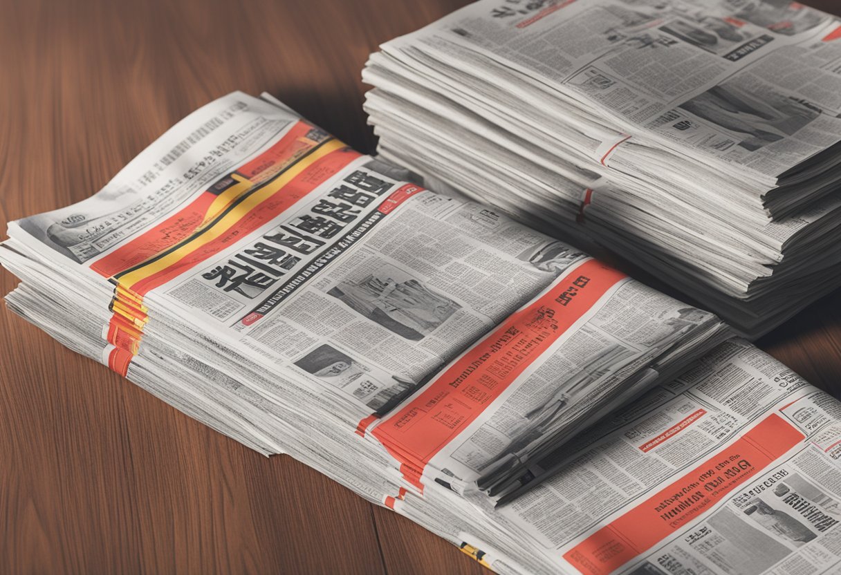 A stack of Singapore Chinese newspapers lies on a wooden table, with the bold red and black print of the front page visible