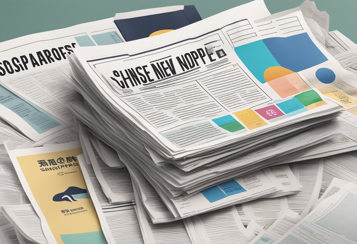 A stack of newspapers with "Singapore Chinese New Paper" logo, surrounded by editorial guidelines and content notes