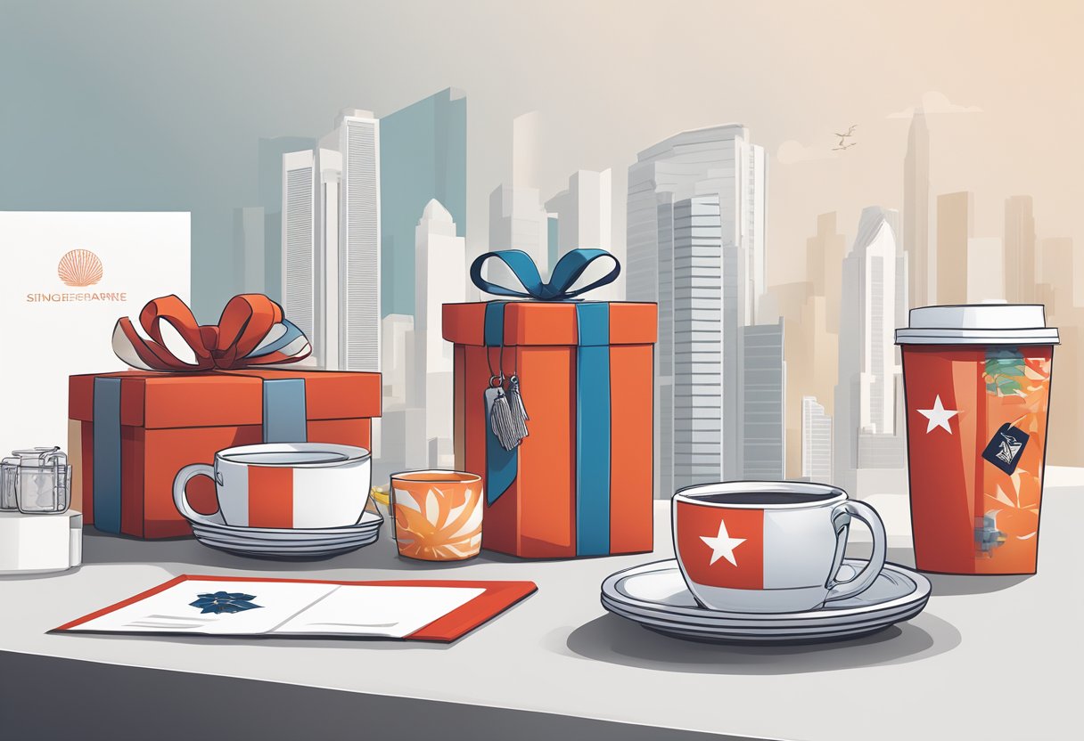 A table adorned with modern Singapore-themed gifts, including keychains, mugs, and postcards, displayed in a sleek and minimalist setting