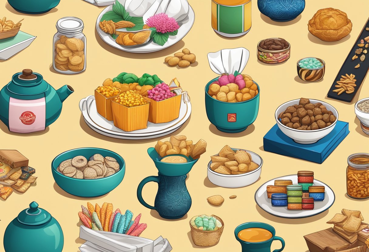 A collection of iconic Singaporean gifts displayed on a vibrant backdrop, including traditional snacks, souvenirs, and cultural artifacts