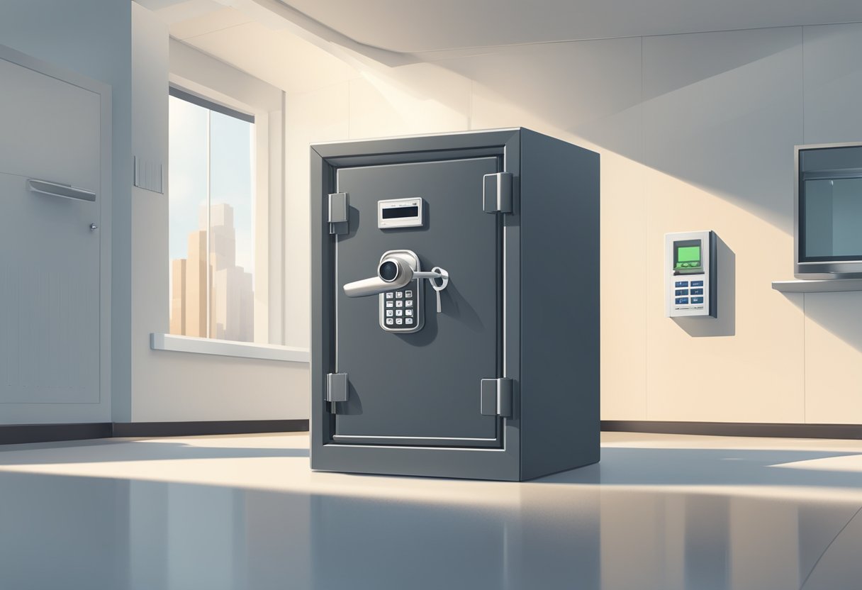 A sturdy safe box in a well-lit room, surrounded by security cameras and a keypad entry system