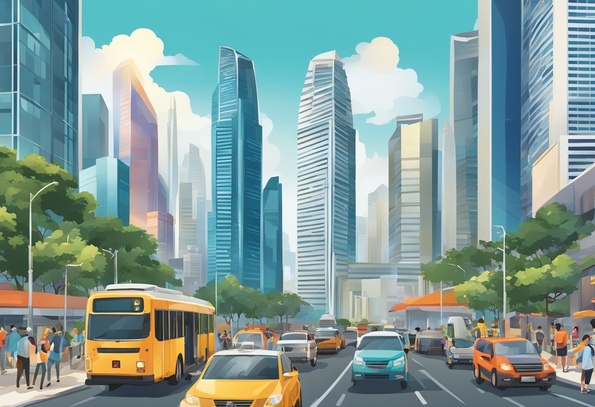 A bustling cityscape with the iconic skyline of Singapore, featuring modern skyscrapers and vibrant street life in the Sandoz district