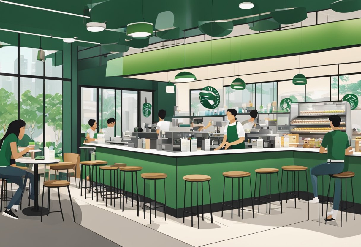 A bustling 24-hour Starbucks in Singapore, with customers enjoying their drinks at sleek, modern tables. The baristas work efficiently behind the counter, and the iconic green and white logo is prominently displayed