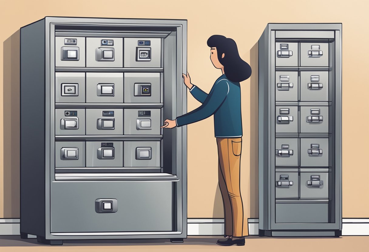 A person carefully selects a safe box from a variety of options displayed in a secure and well-lit showroom