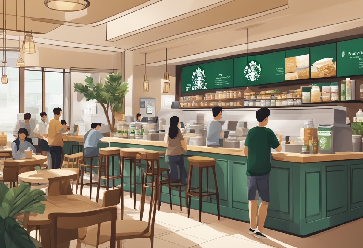 Customers bustling in and out of 24/7 Starbucks outlets in Singapore. Brightly lit interiors, cozy seating, and the aroma of freshly brewed coffee