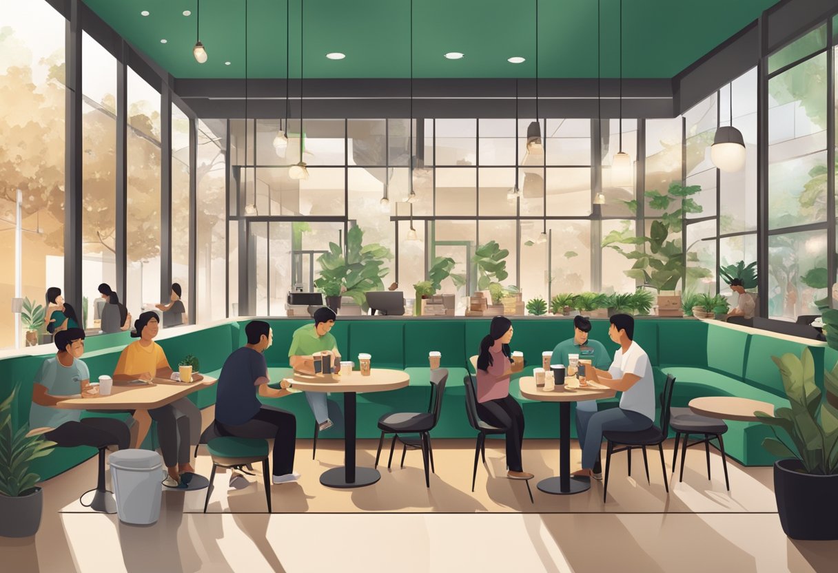 Customers enjoying 24-hour Starbucks in Singapore, with cozy seating, ambient lighting, and a wide selection of coffee and snacks
