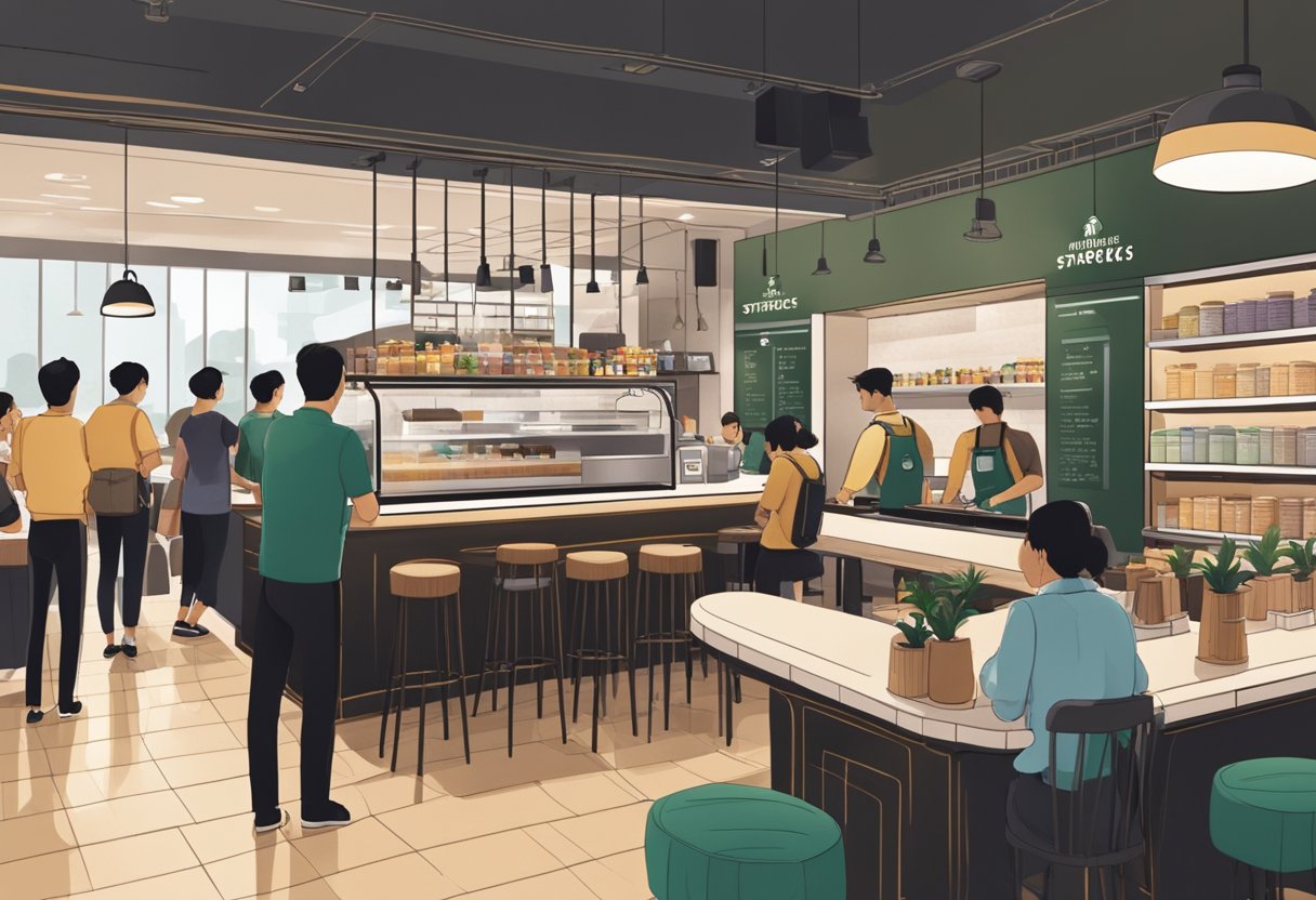 A bustling 24-hour Starbucks in Singapore, with customers lining up at the counter and baristas preparing drinks behind it. The store is well-lit and modern, with comfortable seating and a welcoming atmosphere