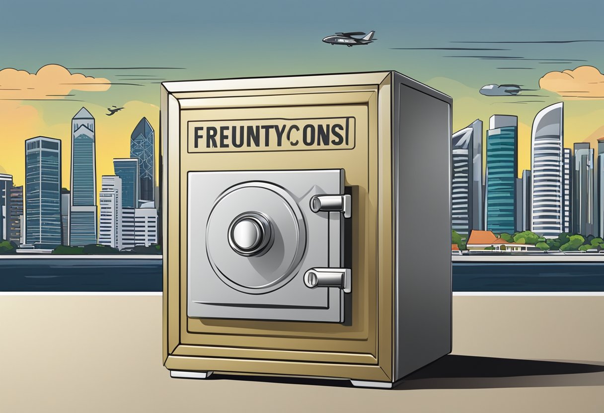 A safe box with "Frequently Asked Questions" printed on the front, set against a backdrop of the Singapore skyline