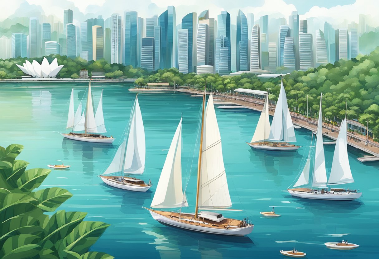 Sailboats glide across the sparkling waters of Singapore's harbor, framed by the iconic skyline and lush greenery