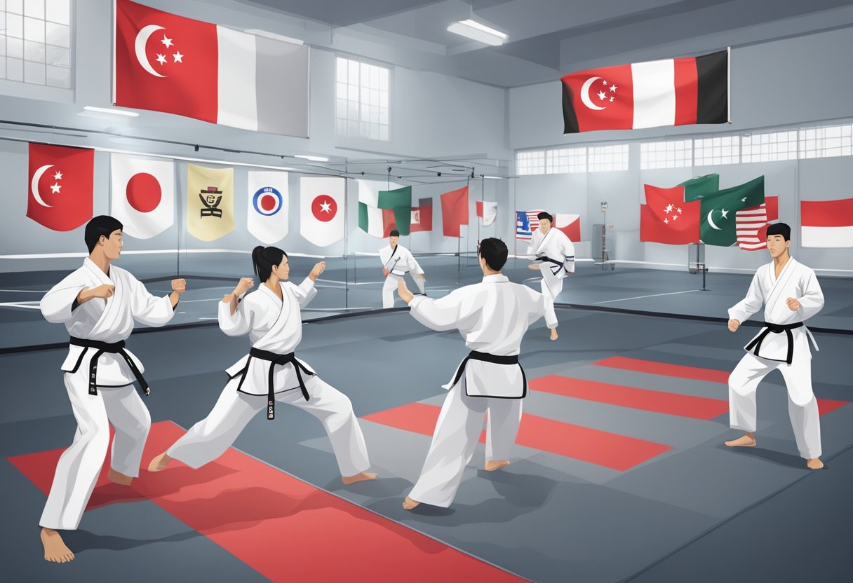 A group of taekwondo athletes train in a modern gym, adorned with the flag of Singapore and the emblem of the Singapore Taekwondo Federation