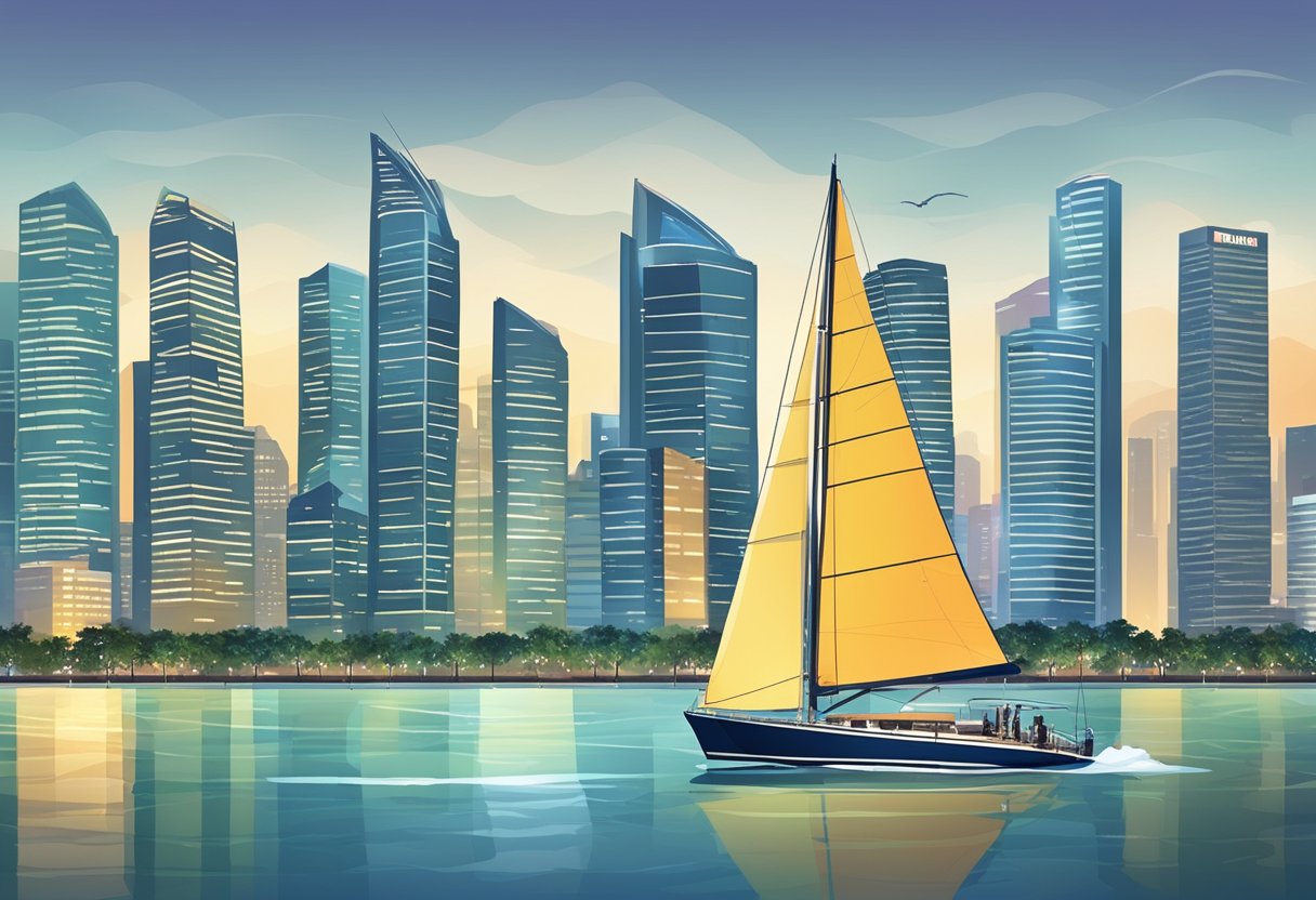 A sailboat glides across the sparkling waters of Singapore, with the city skyline in the background