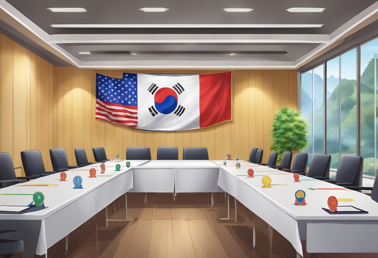 A meeting room with officials discussing Taekwondo policies and history, adorned with flags and medals