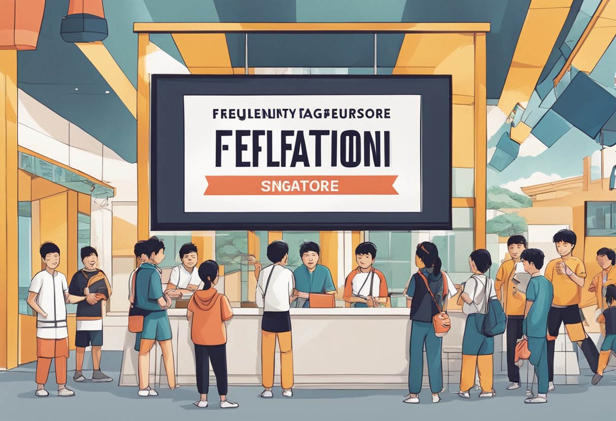 A group of people gather around a sign that reads "Frequently Asked Questions Singapore Taekwondo Federation." The atmosphere is lively and there is a sense of anticipation in the air