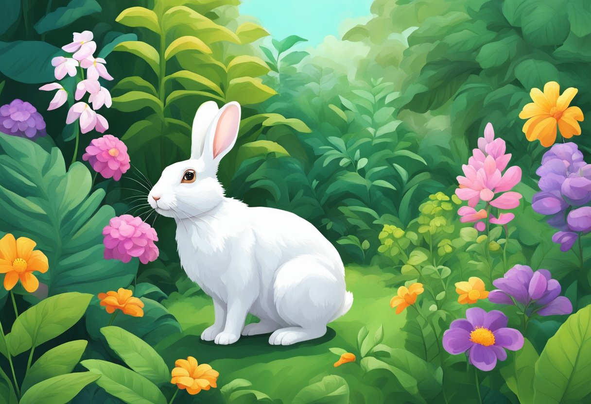 A white rabbit hops through a lush garden in Singapore. The vibrant greenery and colorful flowers create a picturesque backdrop for the adorable creature