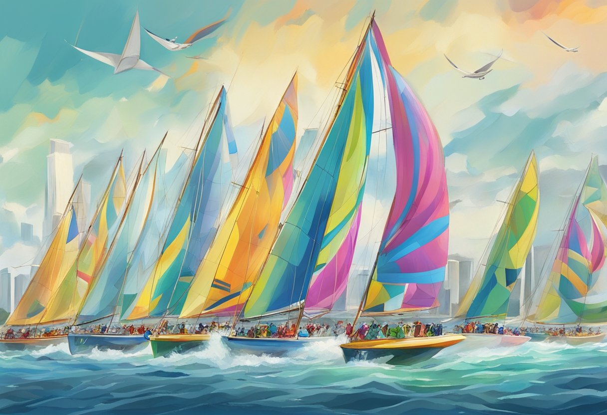 Sailboats racing in choppy waters, colorful sails billowing in the wind, surrounded by cheering spectators on the shores of Singapore