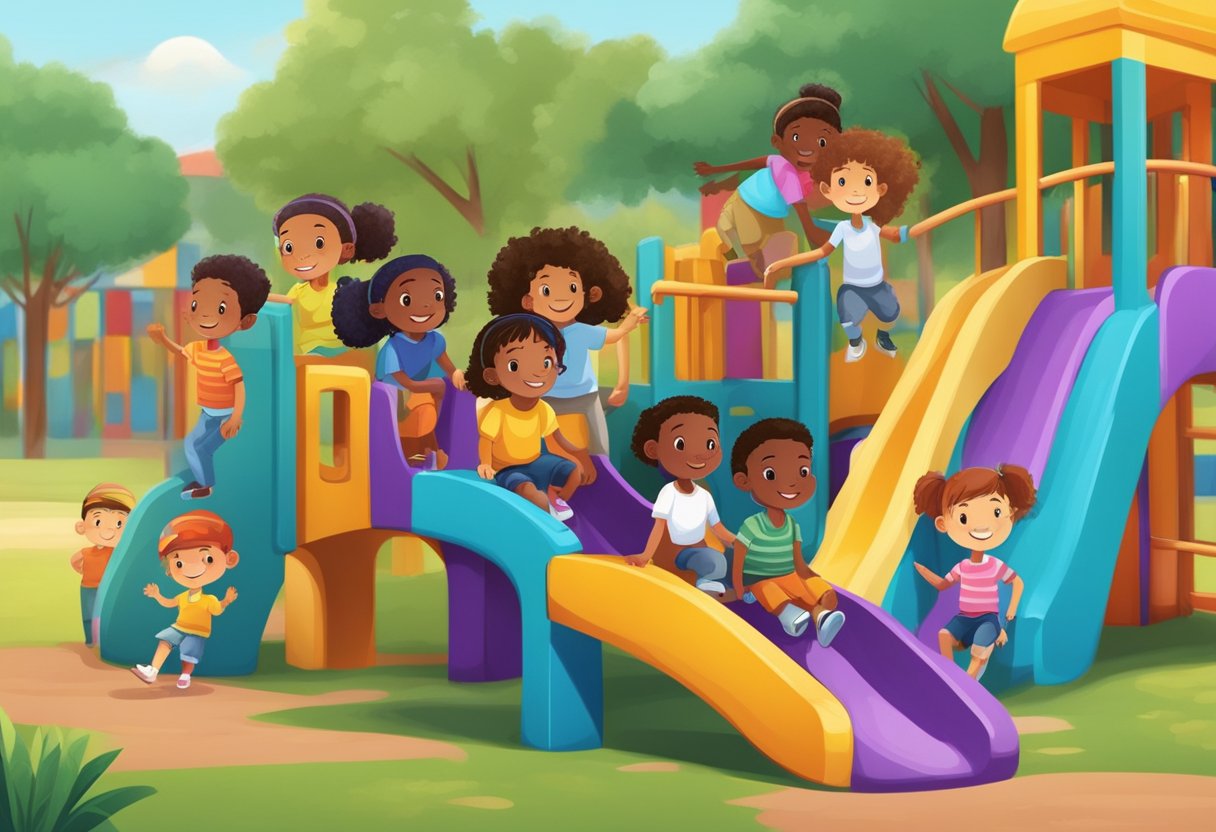 A diverse group of children from different cultures and backgrounds are playing together in a vibrant and colorful playground, symbolizing unity and diversity