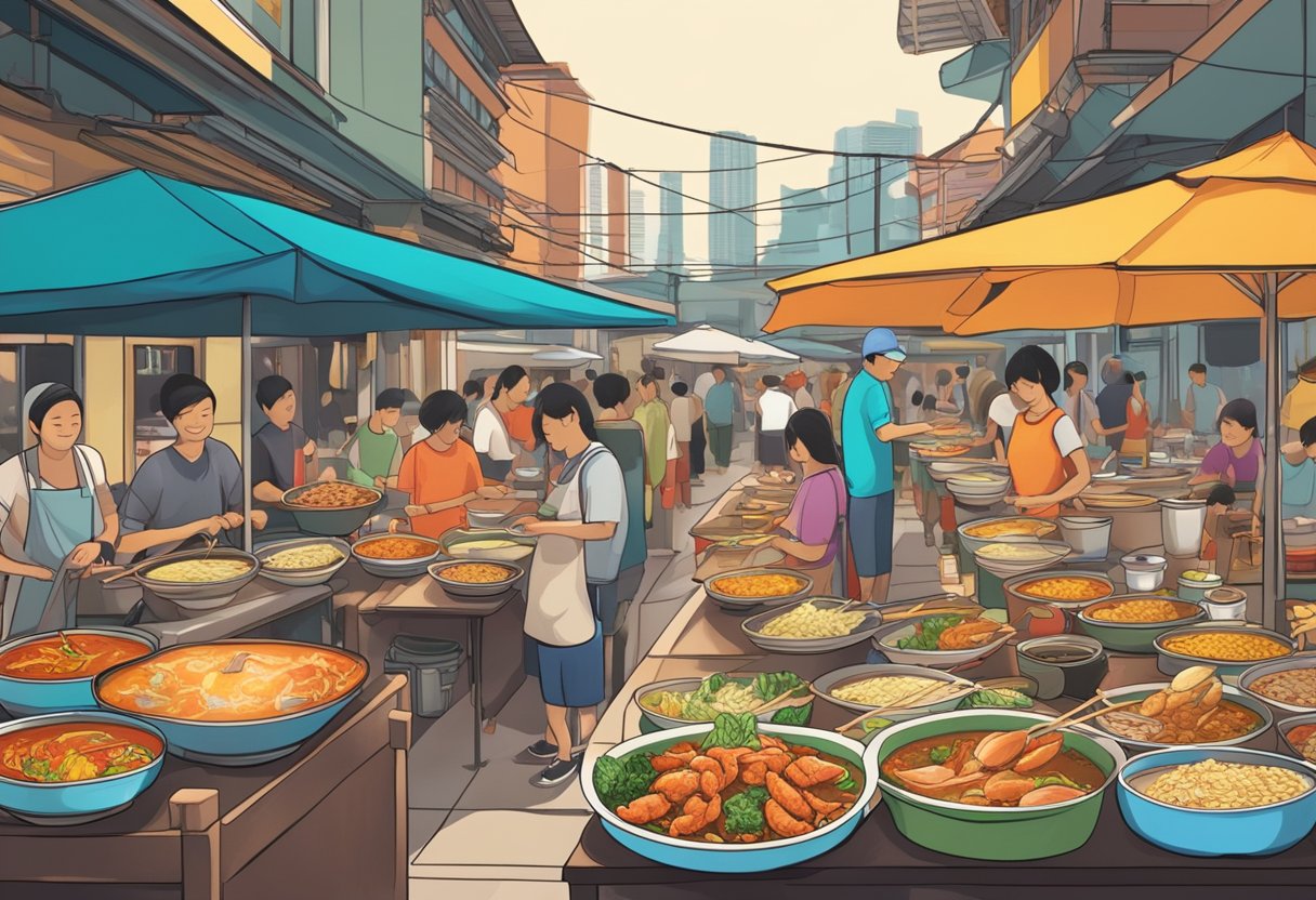 A table filled with colorful dishes of Singaporean cuisine. A steaming bowl of laksa, plates of chili crab, and skewers of satay. A bustling hawker center in the background