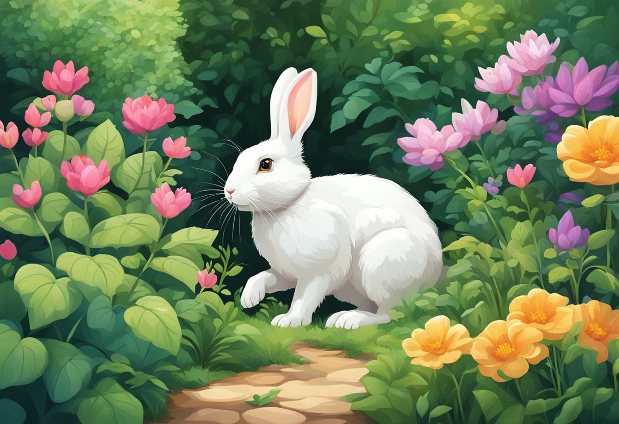 A curious white rabbit hops through a lush, overgrown garden, surrounded by vibrant flowers and towering greenery