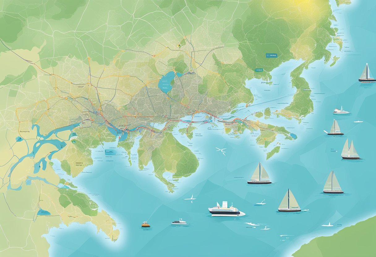 A map of Singapore and Malaysia with VTL scheme routes highlighted