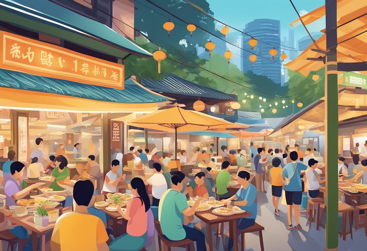 Vibrant hawker center with diverse food stalls, bustling with locals and tourists. Colorful dishes and aromatic aromas fill the air. Iconic Singaporean dishes like Hainanese chicken rice and laksa are being enjoyed by patrons