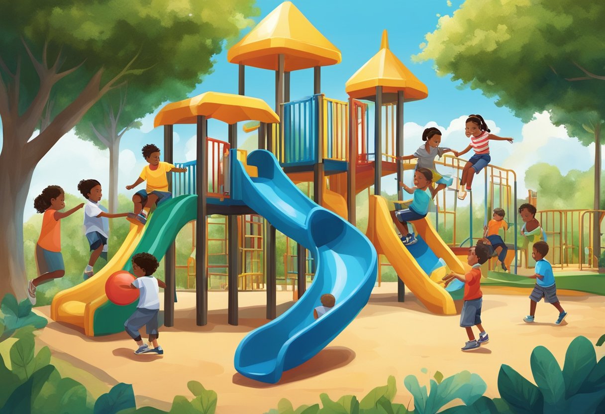 A diverse group of children from different backgrounds playing together in a vibrant and colorful playground, surrounded by lush greenery and a clear blue sky