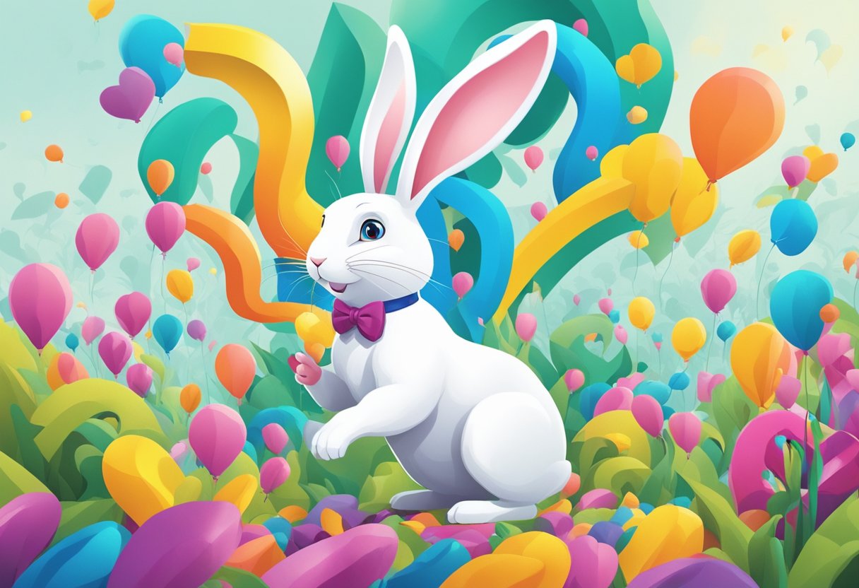 A white rabbit mascot surrounded by question marks in a colorful, vibrant setting