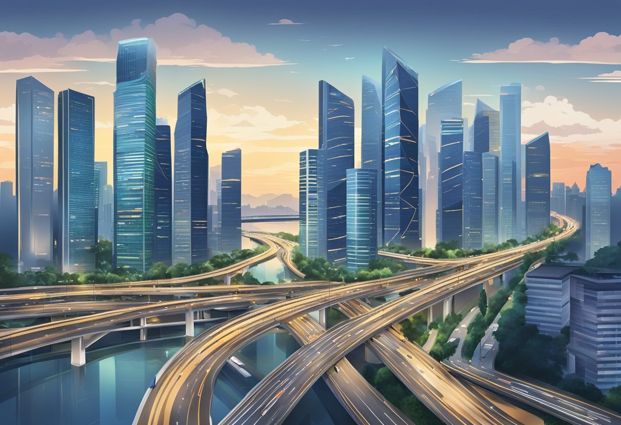 A bustling cityscape with modern skyscrapers and a network of highways connecting Singapore and Malaysia