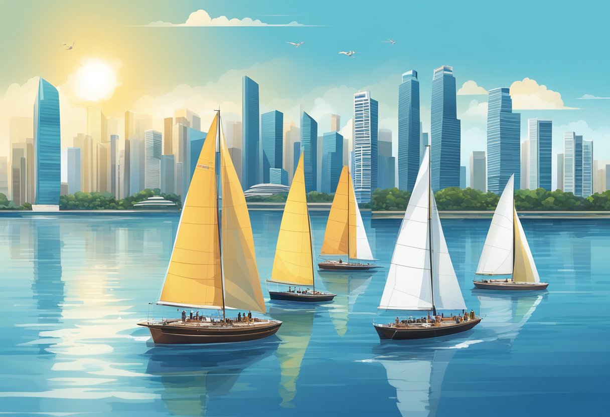 Sailboats navigating through Singapore's waters under a clear blue sky with the city skyline in the background