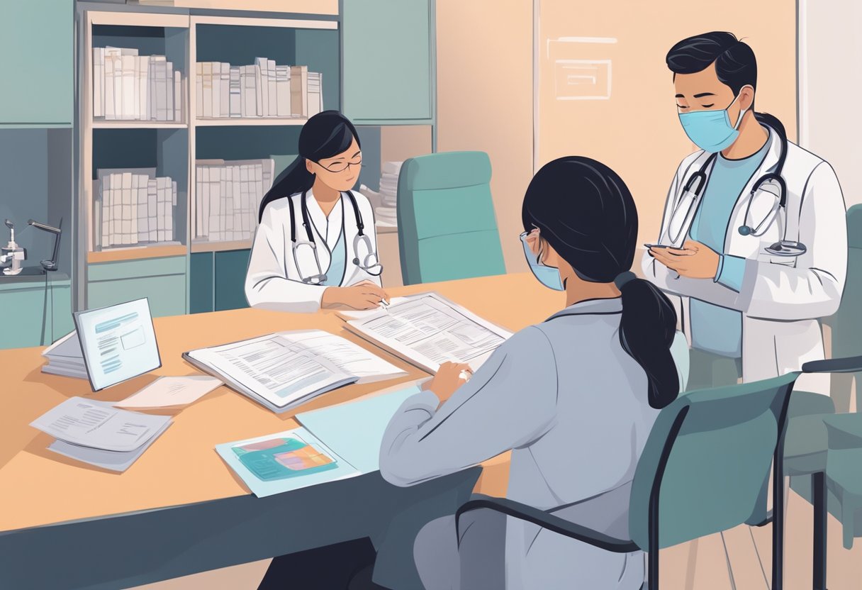 A doctor in a modern clinic explains abortion options to a young woman. A pamphlet on abortion laws in Singapore sits on the table