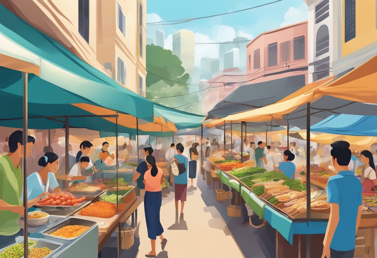 A bustling street market in Singapore showcases a variety of innovative and international cuisines, with colorful stalls and mouthwatering dishes on display