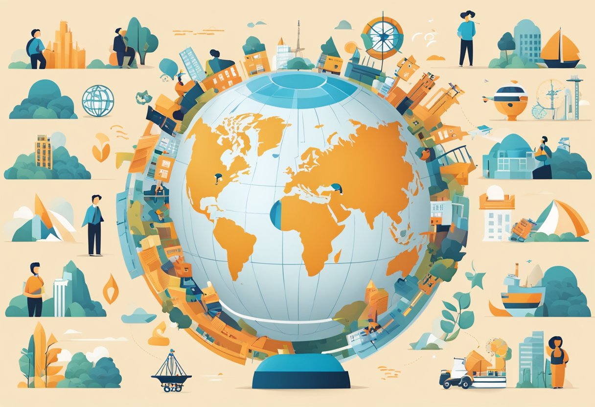A globe surrounded by diverse symbols and icons, representing various frequently asked questions about World Vision Singapore