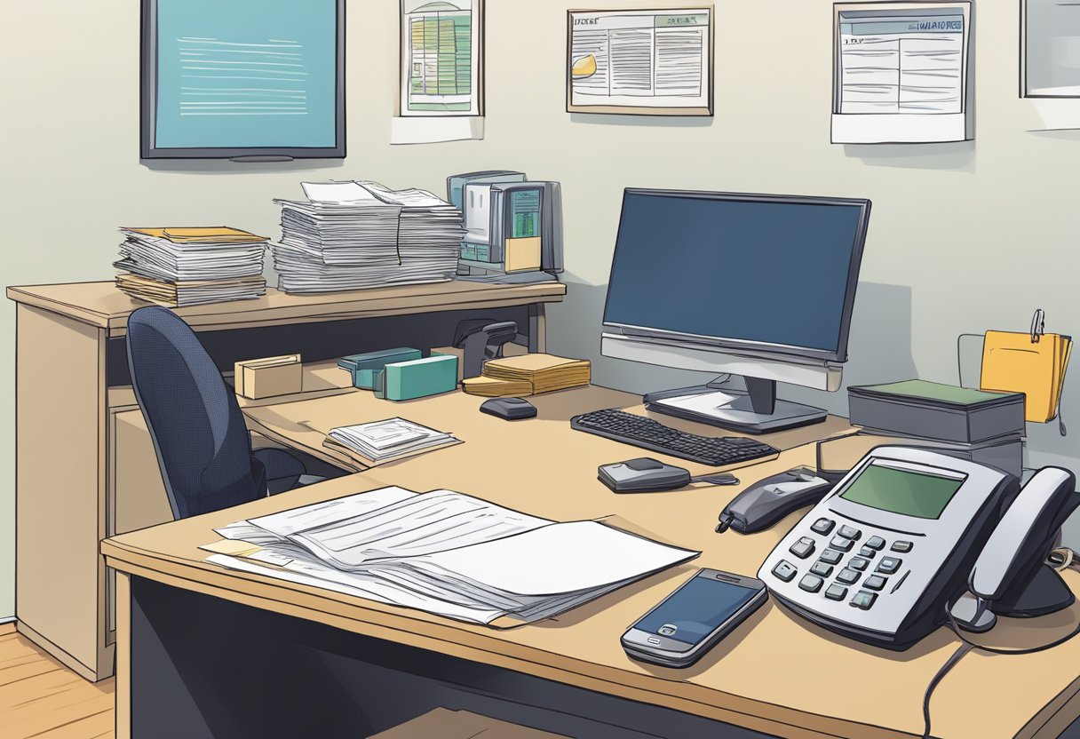 A desk with paperwork, a computer, and a phone. A sign on the wall reads "Lasting Power of Attorney (LPA) Office of Public Guardian Singapore."