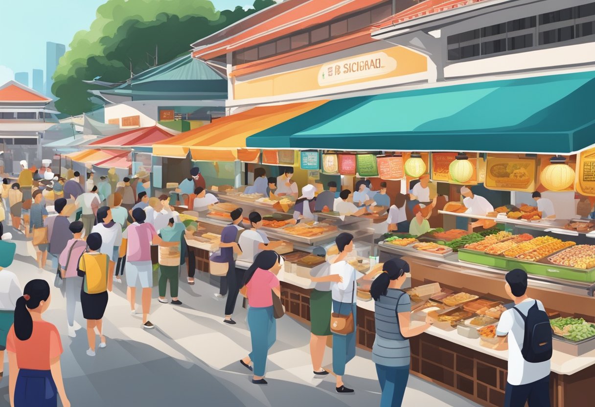 A bustling hawker center with diverse food stalls and colorful signage in Singapore