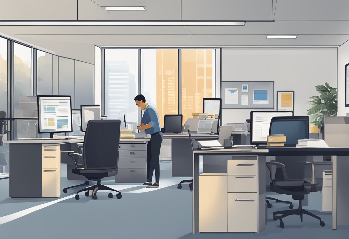 The Office of Public Guardian operates in a modern, well-lit office space with organized desks and filing cabinets. A team of professionals engage in meetings and paperwork, demonstrating their dedication to their duties