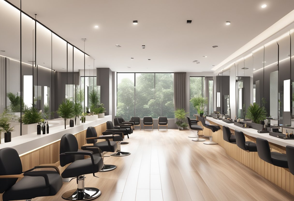 A modern, sleek hair salon in Singapore with minimalist decor, large mirrors, and stylish salon chairs. The space is flooded with natural light, creating a bright and inviting atmosphere