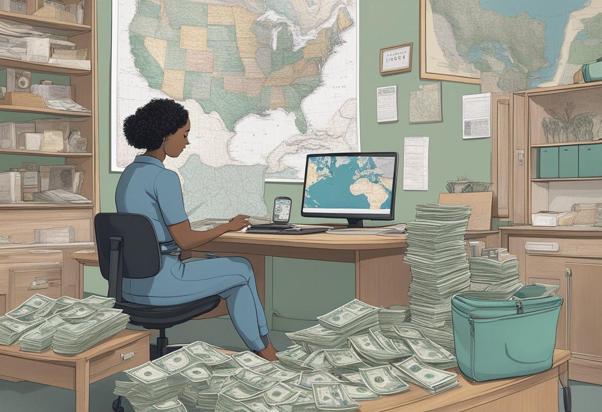A woman sitting at a desk, counting money and looking at a map with various locations marked, representing the cost and accessibility of abortion services in different areas