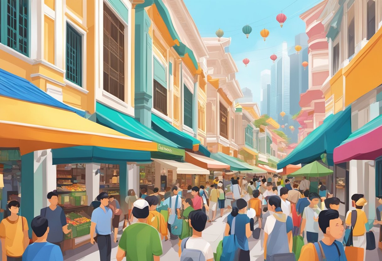 The bustling streets of Paradox Singapore Merchant Court filled with colorful market stalls and lively crowds