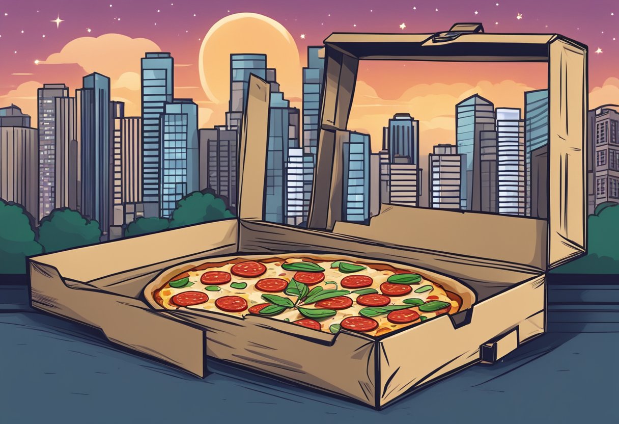 A pizza box rests on a doorstep in Singapore, surrounded by tall buildings and city lights