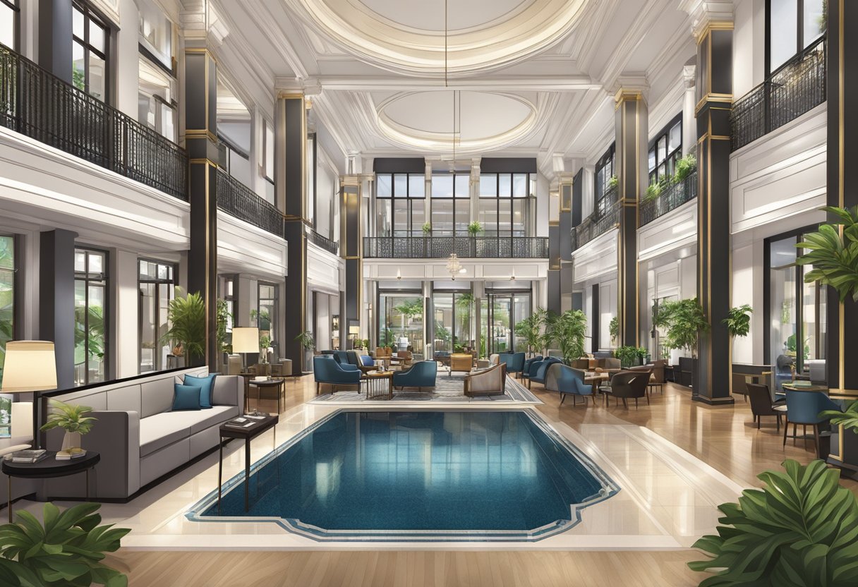 The bustling lobby of the Merchant Court hotel in Singapore, with modern amenities and luxurious accommodations, juxtaposed against the traditional architecture of the city