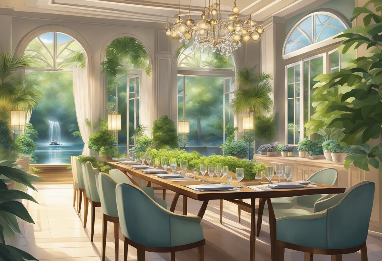 A bustling dining area with elegant decor and ambient lighting, surrounded by lush greenery and a tranquil water feature at the heart of the scene