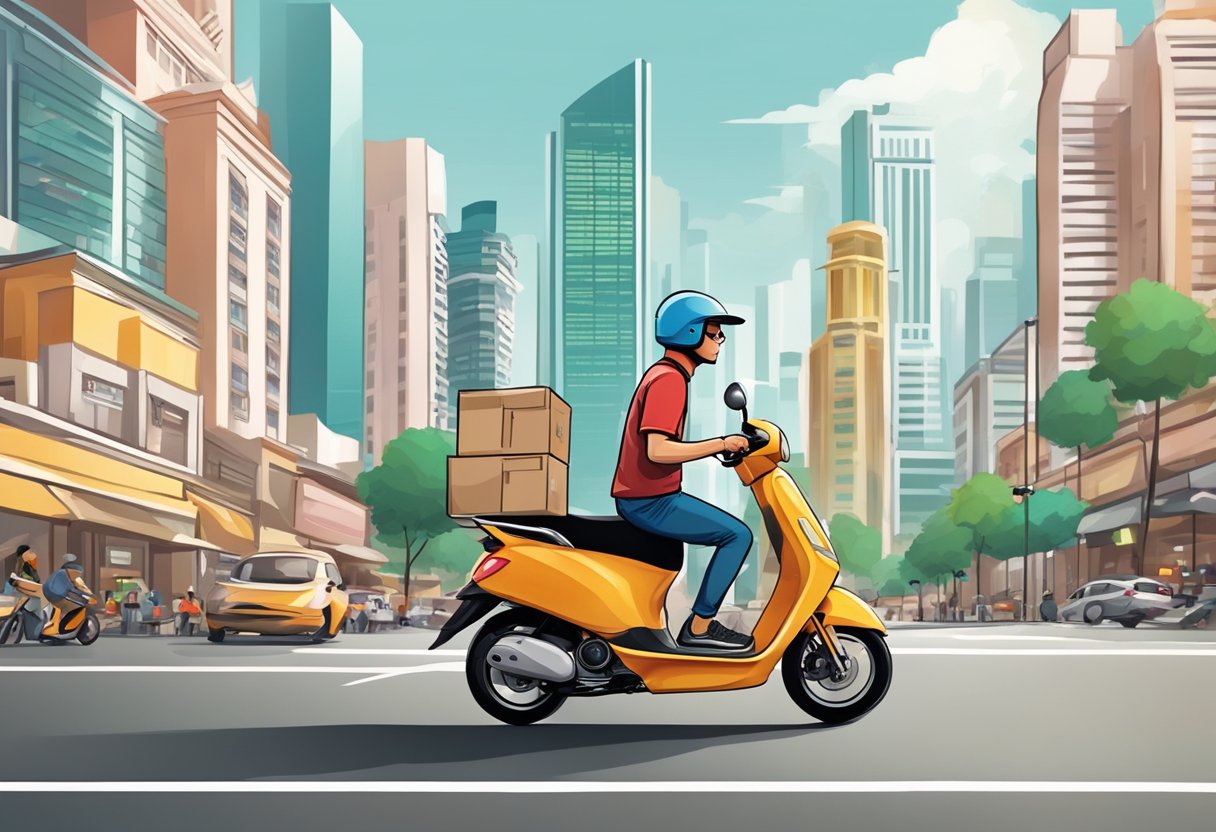 A delivery scooter zooms through the bustling streets of Singapore, navigating traffic and delivering piping hot pizzas to eager customers