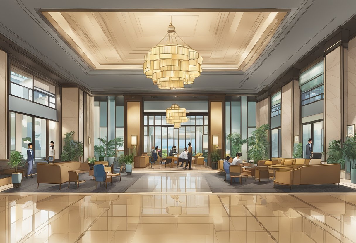 A bustling hotel lobby with a sign reading "Frequently Asked Questions" at the Paradox Singapore Merchant Court