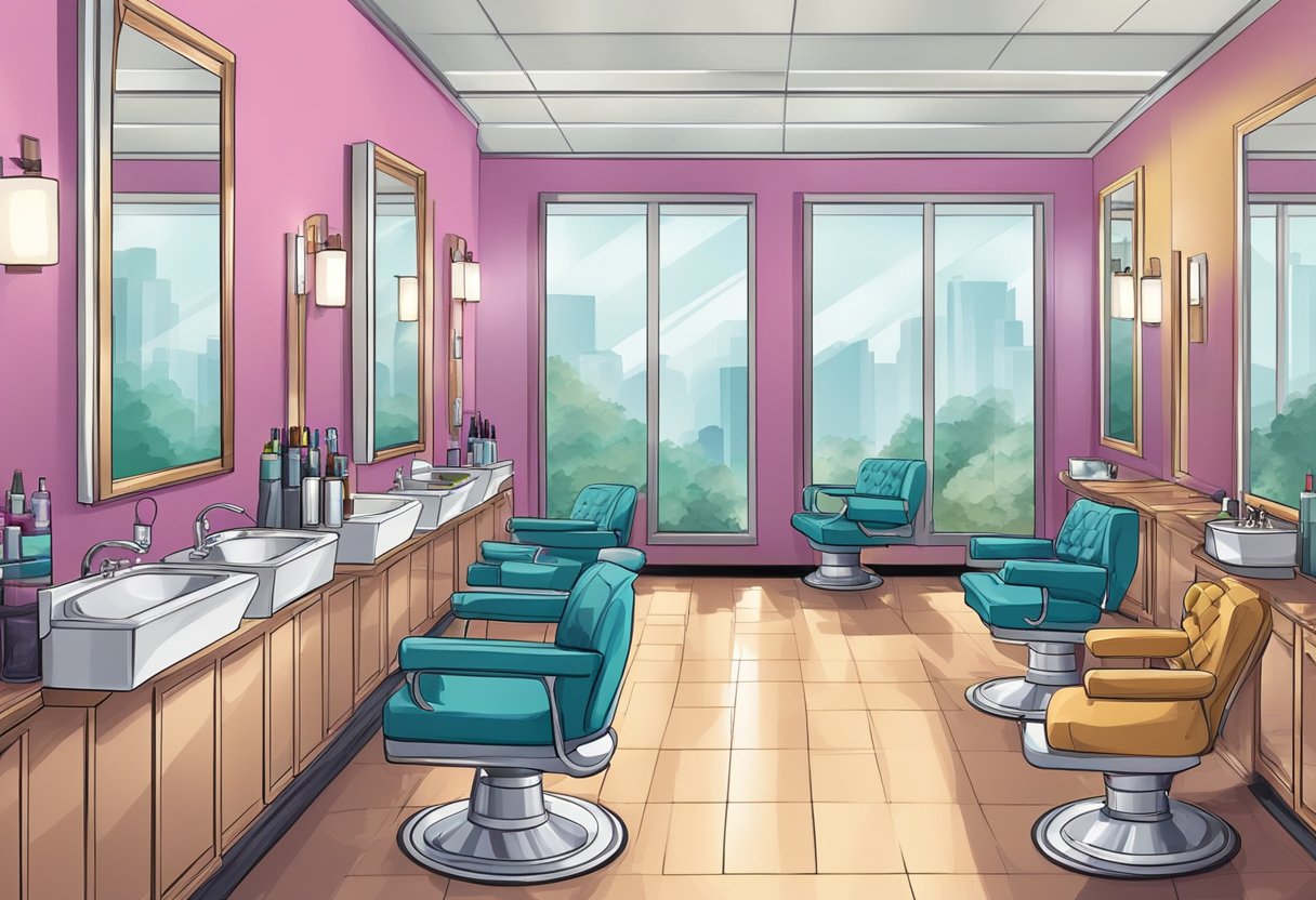 A hair salon scene with hair washing, cutting, and styling stations, colorful hair products, and comfortable seating for clients