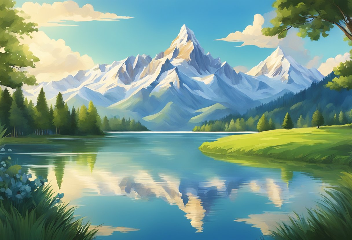 Snow-capped alps against a clear blue sky, with lush greenery and a serene lake in the foreground