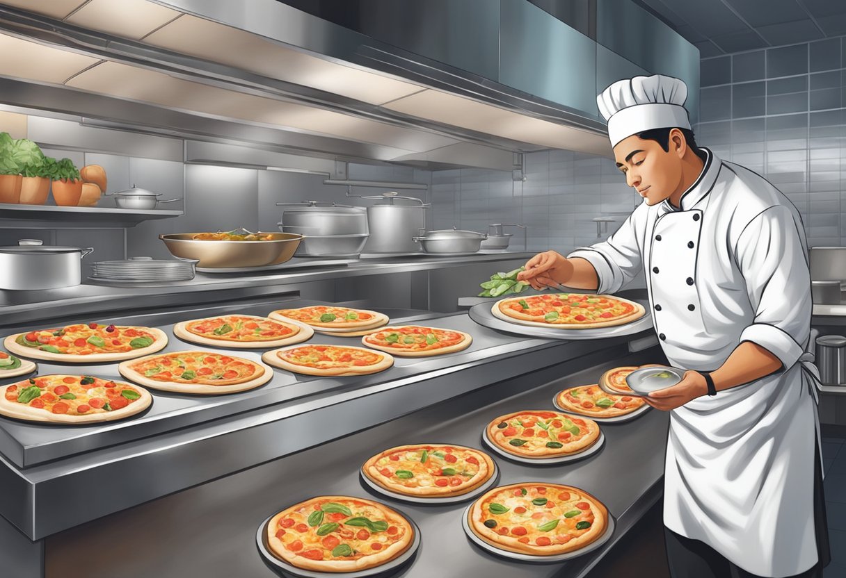 A chef carefully selects fresh, high-quality ingredients for signature pizzas on a menu board in a bustling Singapore kitchen
