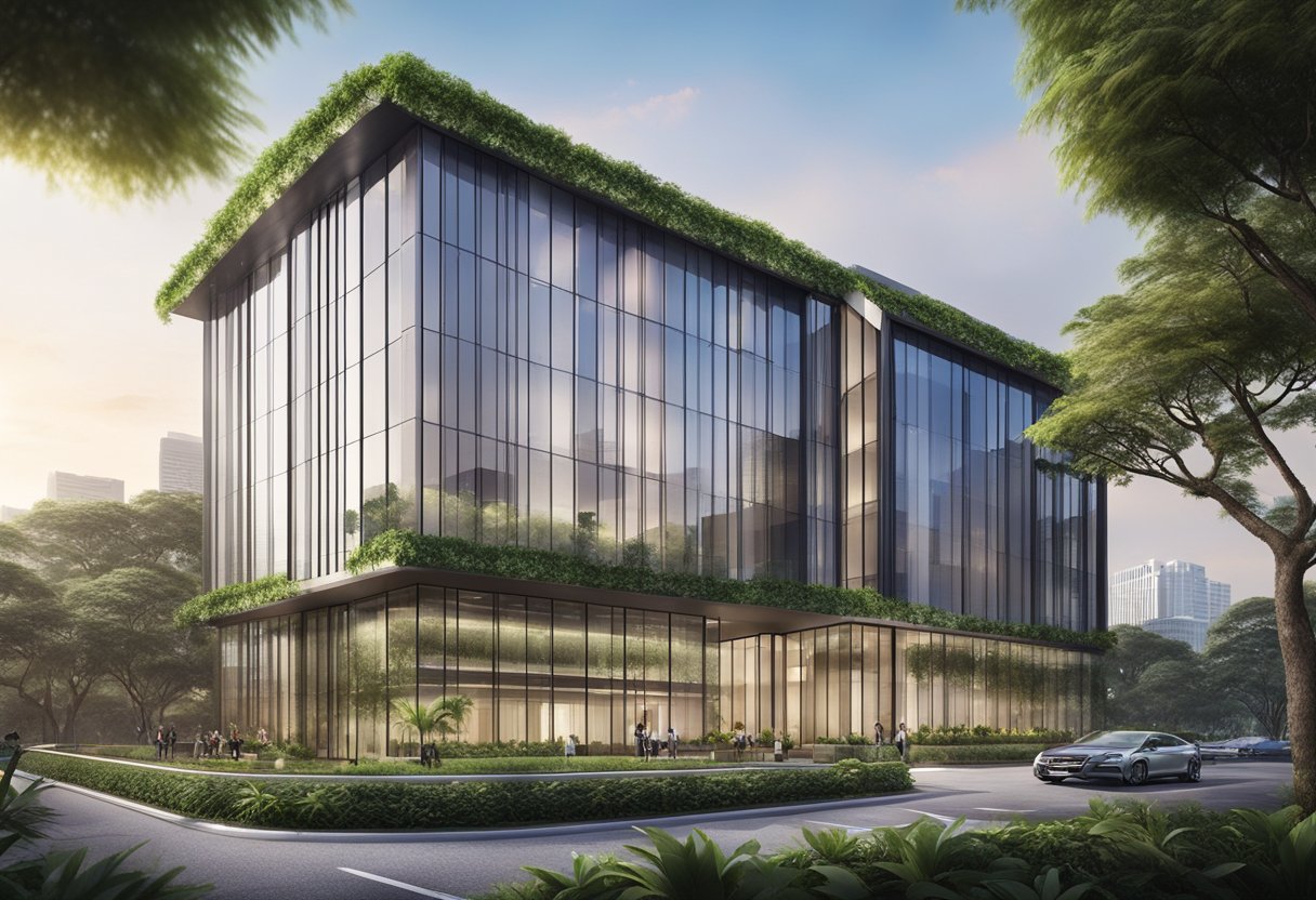 Alps Singapore Operations: Modern office building with sleek architecture and lush greenery surrounding the entrance