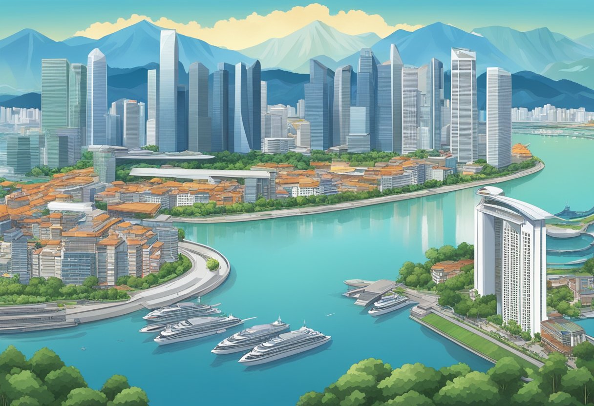 A bustling cityscape with the iconic skyline of Singapore in the background, with the Alps in the foreground, showcasing the contrast between urban development and natural beauty
