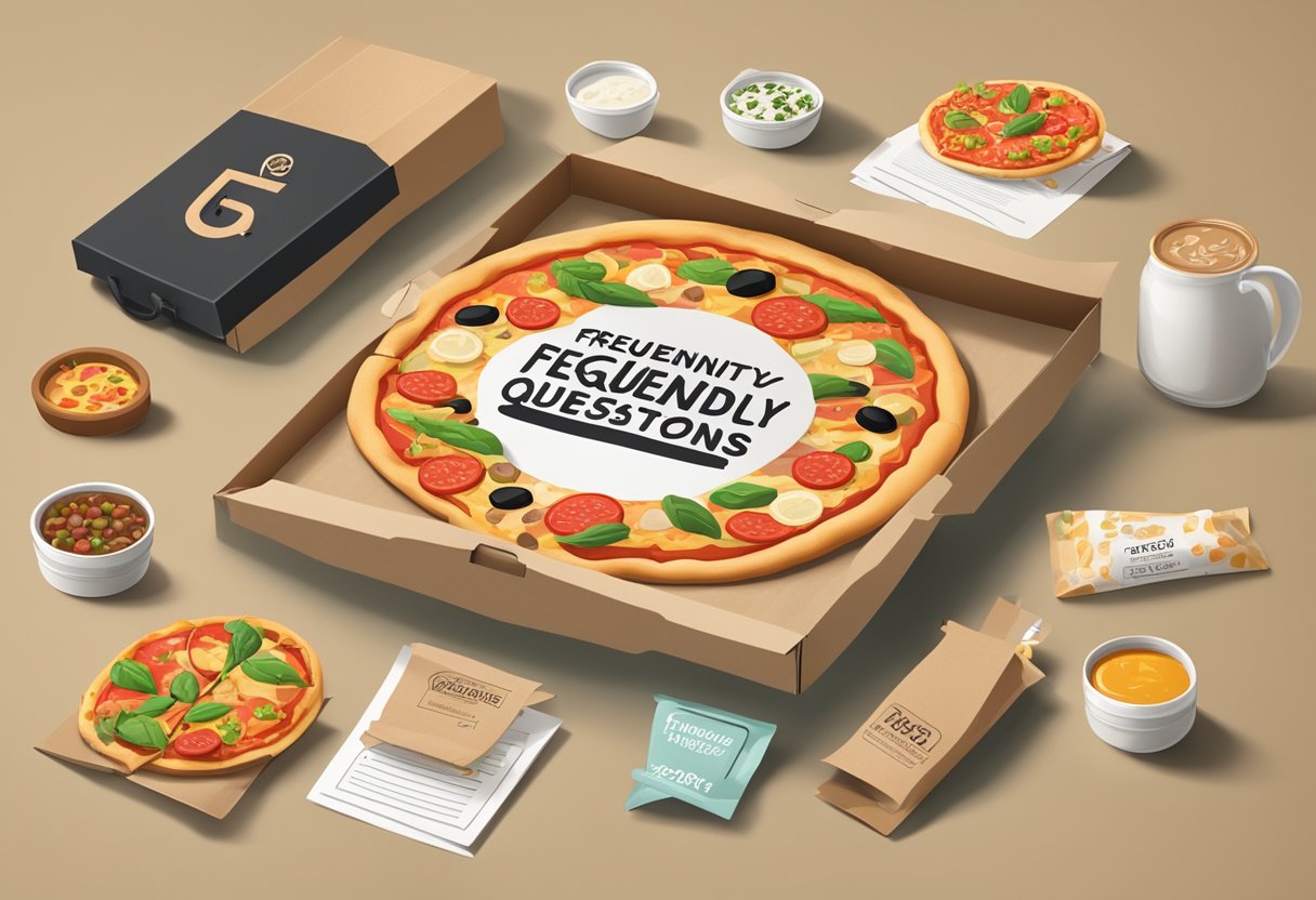 A pizza box with "Frequently Asked Questions" printed on it, surrounded by various toppings and a delivery bag